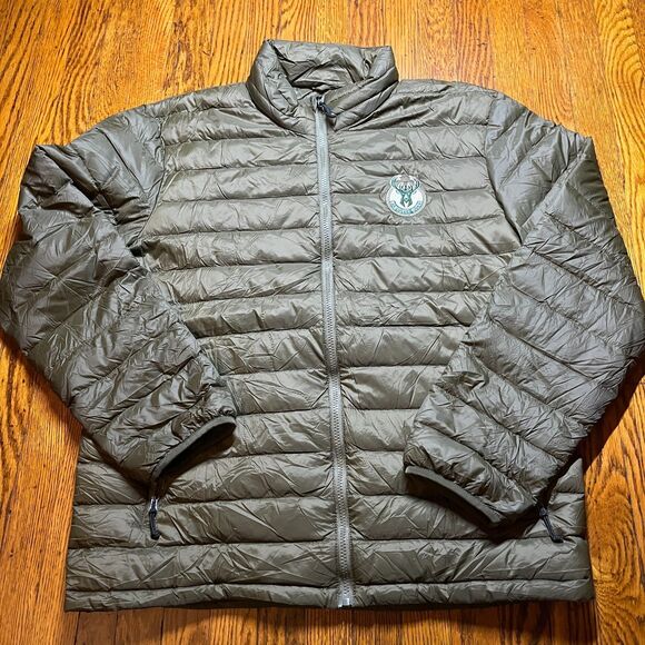 32 Degrees Heat Milwaukee Bucks Puffer Down Jacket Men's L Full Zip Olive Green - Picture 1 of 8